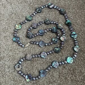 Grey Abalone Shell and Pearl Necklace 36”